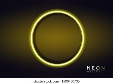 Neon gold, yellow circle, ring on the dark background. Pattern futuristic graphic design round glowing for the banner, poster, cover, disco, party. Vector illustration.
