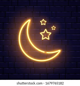 Neon golden crescent and stars. Ramadan Kareem neon sign on brick wall. Glorious month of Muslim year light banner. Vector illustration