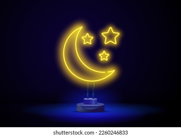 Neon golden crescent and stars. Ramadan Kareem neon sign on brick wall.