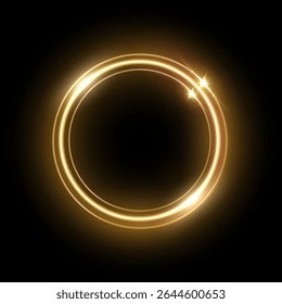 Quadro redondo dourado de néon. Círculo claro abstrato amarelo brilhante. Forma redonda brilhante a laser laranja. Botão iluminado futurista. Ilustração vetorial gráfica geométrica isolada no plano de fundo preto.