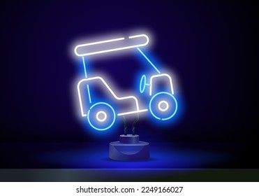 Vector de icono del carrito de golf Neon. Símbolo de coche de golf. Signo de estilo lineal para concepto móvil y diseño web. Vector de señal de luz de neón del coche de golf Caddy. Icono brillante Caddy Golf Car.