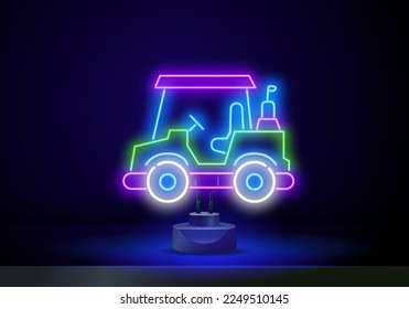 Vector de icono del carrito de golf Neon. Símbolo de coche de golf. Signo de estilo lineal para concepto móvil y diseño web. Vector de señal de luz de neón del coche de golf Caddy. Icono brillante Caddy Golf Car.