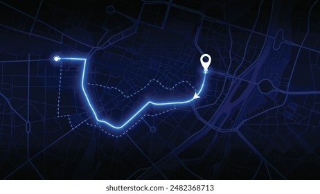 neon GPS road map of Altstadt with the arrow that moving to the point of destination