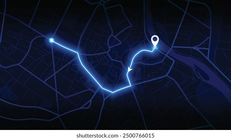 neon GPS road map of Aventure with the arrow that moving to the point of destination