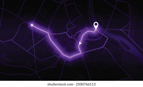 neon GPS road map of Aventure with the arrow that moving to the point of destination