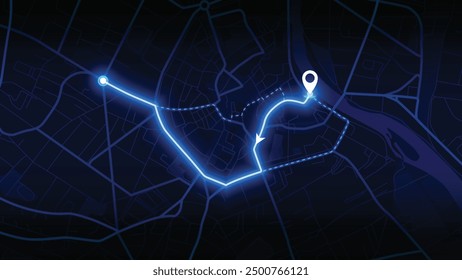 neon GPS road map of Aventure with the arrow that moving to the point of destination