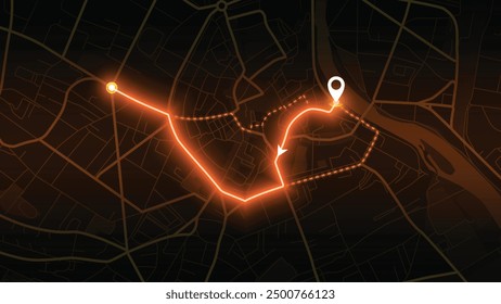 neon GPS road map of Aventure with the arrow that moving to the point of destination