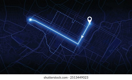 mapa de ruta GPS neón de Santiago con la flecha que se mueve hasta el punto de destino