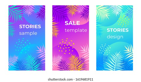 Neon gradient background frame with palm leaves. Iridescent hologram effect design. Tropical plants, trees pattern. Mobile display, stories sale templates social media, with copy space. Vector set.
