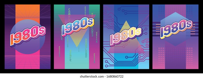 Neon Gradient Backgrounds from the 1980s, Vintage Patterns, Abstract Geometric Shapes 