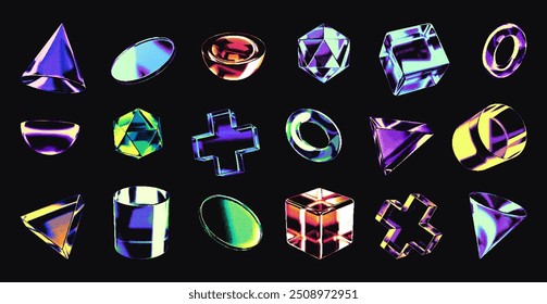 Neon gradient bitmap geometric 3D shapes, retro futuristic pixelated forms. Transparent color glass half sphere, cube and prism with dithering effect, abstract pixel art graphic element vector set