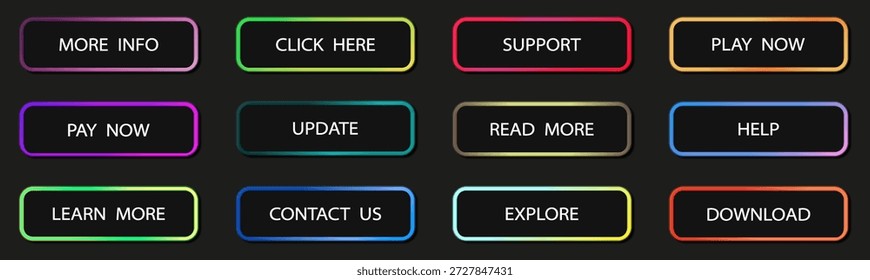 Botones de gradiente de neón sobre fondo oscuro. Elementos de interfaz brillantes modernos para aplicaciones de Web y móviles