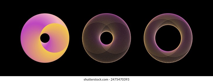 Neon gradient circle elements in line art style and fill. Abstract geometric bright round shapes