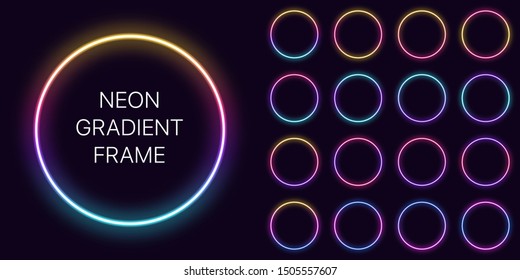 Neon gradient circle Frame with copy space. Templates set of Neon gradient round Border. Expressive, creative and futuristic graphic element, geometric shape for bright design. Fully Vector