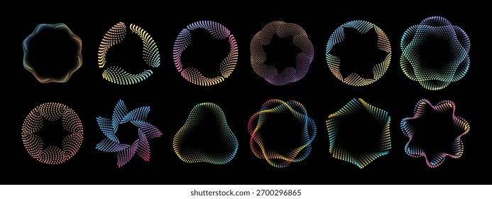 Mit Neongradient kreisförmige gepunktete Linien gesetzt. Lebendige konzentrische Halbtonkreise mit glühender Spiralbewegung. Farbige Vektorelemente für futuristisches Tech-Symbol oder modernes Design.