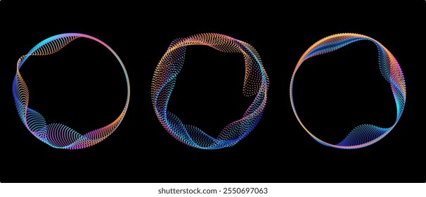 Ondas curvadas de gradiente de neón en Formas redondas. Conjunto de bordes circulares giratorios brillantes. Vector colección de coloridos marcos de tecnología circulares brillantes.