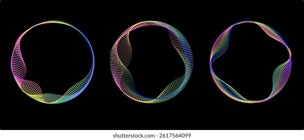 Neon gradient curved waves in round shapes. Set of bright spinning circular borders. Vector collection of colorful glowing circular tech frames.