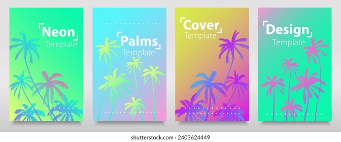 Neon gradient effect with light neon palms background. Set of glitch hologram textures. Liquid bright neon colours flyers, cards, art prints, brochures.