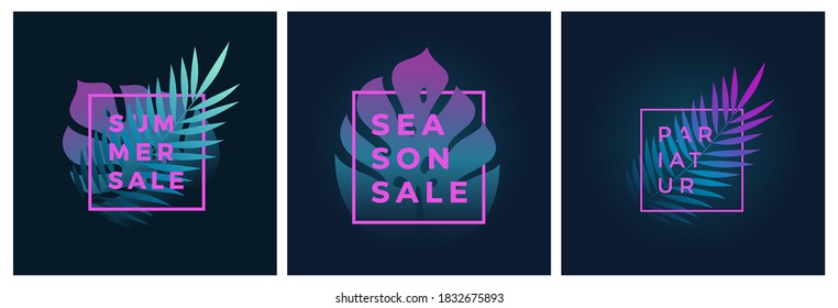Neon Gradient Fern and Monstera Palm Leaf In a Frame with Modern Typography Set. Abstract Vector Fluorescent Promo Sale Cards Bundle. Elegant Luminous Advertising Emblem Design.