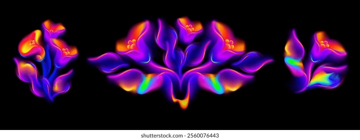 Neon gradient flowers. Colorful floral bouquets, abstract blooming plants with fluid gradient mesh petals, vivid smoke leaves and glowing blur effect vector set