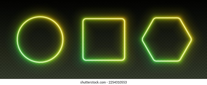 Neon gradient frames, glowing borders set, colorful futuristic UI design elements. Vibrant geometric shapes, modern signs collection. Bright circle, square and hexagon. Vector illustration.