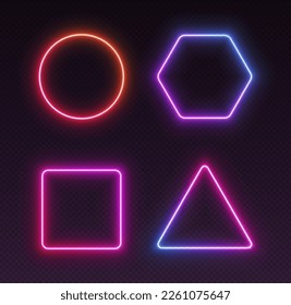 Neon gradient frames, glowing borders set, colorful futuristic UI design elements. Vibrant geometric shapes, modern signs collection. Bright circle, square, triangle and hexagon. Vector illustration.
