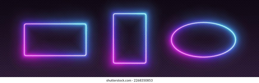 Neon gradient frames, glowing borders set, colorful futuristic UI design elements. Vibrant geometric shapes, modern signs collection. Bright circle, square and rectangle vector decorations.