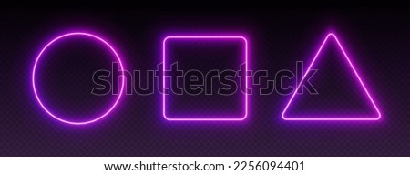 Neon gradient frames, glowing borders set, colorful futuristic UI design elements. Vibrant geometric shapes, modern signs collection. Bright circle, square and triangle. Vector illustration.