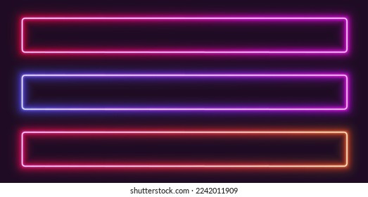 Neon gradient frames, rectangular glowing borders set, colorful futuristic UI design elements. Vector illustration.