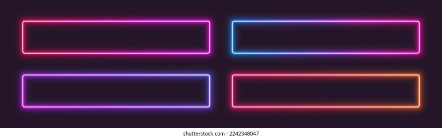 Neon gradient frames, rectangular glowing borders set, colorful futuristic UI design elements. Vector illustration.