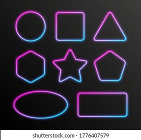 Neon gradient frames set, collection of blue-pink glowing borders isolated on a dark background. Colorful night banners, vector light effect.
