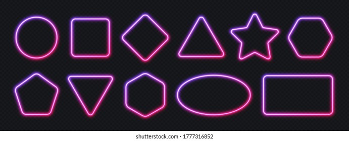 Neon gradient frames set, collection of violet-pink glowing borders isolated on a dark background. Colorful night banners, vector light effect.