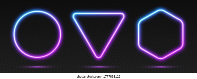 Neon gradient frames set, collection of blue-pink glowing borders isolated on a dark background. Colorful night banners, vector light effect. Circle, triangle, and hexagon, bright illuminated shapes.