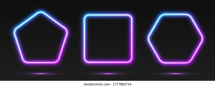 Neon gradient frames set, collection of blue-pink glowing borders isolated on a dark background. Colorful night banners, vector light effect. Pentagon, square, and hexagon, bright illuminated shapes.