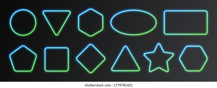 Neon gradient frames set, collection of blue-green glowing borders isolated on a dark background. Colorful night banners, bright illuminated shapes, vector light effect.