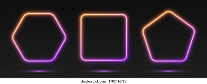 Neon gradient frames set, collection of orange-purple glowing borders isolated on a dark background. Colorful night banners, vector light effect. Pentagon, square, and hexagon, illuminated shapes.