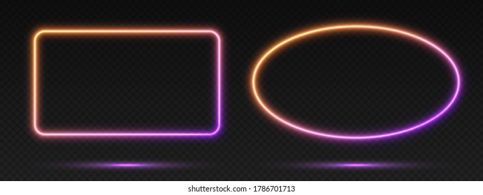 Neon gradient frames set, collection of orange-purple glowing borders isolated on a dark background. Colorful night banners, vector light effect. Ellipse and rectangle, bright illuminated shapes.