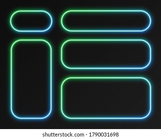 Neon gradient frames set, collection of green-blue glowing rounded rectangle borders isolated on a dark background. Colorful night banners, bright illuminated shapes, vector light effect.