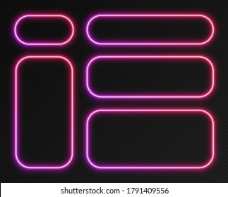 Neon gradient frames set, collection of purple-red glowing rounded rectangle borders isolated on a dark background. Colorful night banners, bright illuminated shapes, retro style vector light effect.