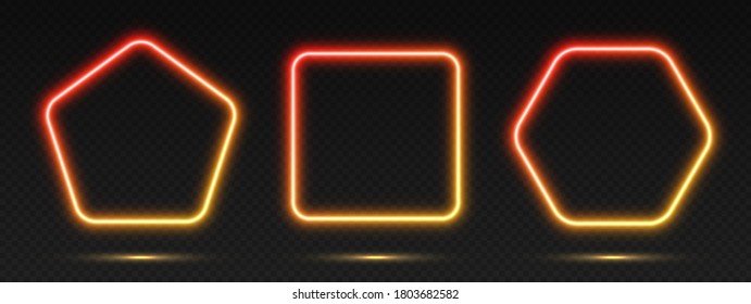 Neon gradient frames set, collection of red-yellow glowing borders isolated on a dark background. Colorful night banners, vector light effect. Pentagon, square, and hexagon, bright illuminated shapes