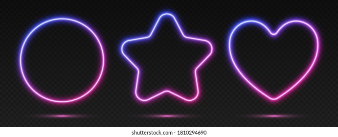 Neon gradient frames set, collection of pink-blue glowing borders isolated on a dark background. Colorful night banners, vector light effect. Circle, star, and heart, bright illuminated shapes.