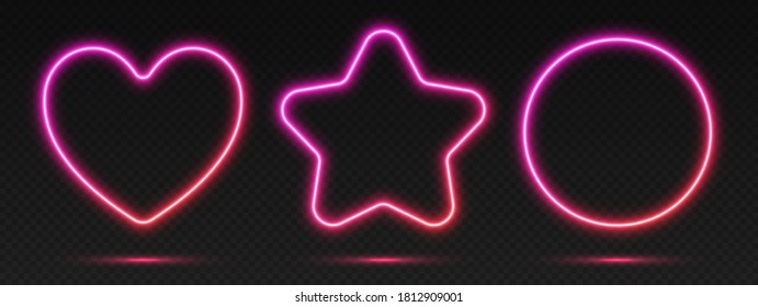 Neon gradient frames set, collection of pink-red glowing borders isolated on a dark background. Colorful night banners, vector light effect. Circle, star, and heart, bright illuminated shapes.