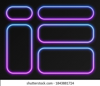 Neon gradient frames set, collection of blue-purple glowing rounded rectangle borders isolated on a dark background. Colorful night banners, bright illuminated shapes, retro style vector light effect.