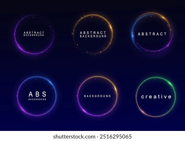 Marcos de degradado de neón, conjunto de Elementos de diseño futuristas redondos brillantes. Formas geométricas brillantes, colección de signos moderna. Círculo brillante. Efecto de luz de la línea curva Portal azul, plataforma. Efecto polvo