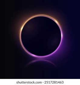 Neon gradient frames, set of glowing round futuristic design elements. Bright geometric shapes, modern sign collection. Bright circle. Light effect of curved line Blue portal, platform. Dust effect