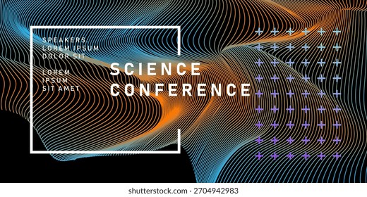 Gradiente de neón con líneas fallidas en colores holográficos. Formas onduladas fluidas sobre un fondo negro. Ilustración vectorial en un estilo moderno y abstracto para portadas relacionadas con la ciencia y la tecnología.