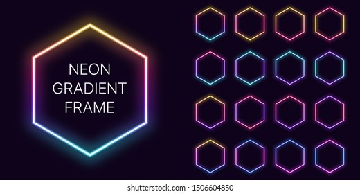 Marco hexagonal de degradado neón con espacio de copia. Conjunto de plantillas de borde hexagonal de degradado Neon. Expresivo, creativo y futurista elemento gráfico, forma geométrica para un diseño brillante. Vector completo