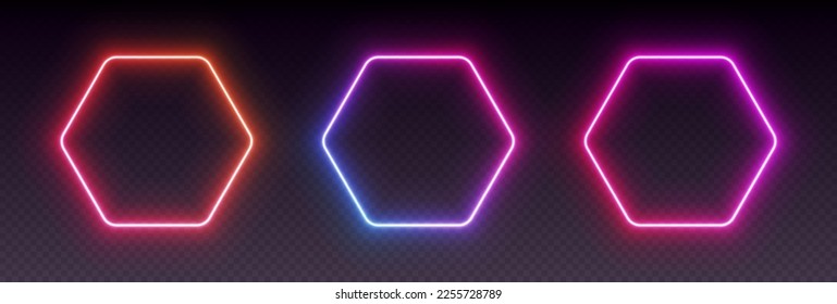 Neon gradient hexagonal frames, glowing borders set, colorful futuristic UI design elements. Vibrant geometric shapes, modern signs collection. Vector illustration.