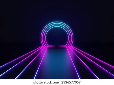 Neonfarbene Inneneinrichtung mit Podium und leuchtendem Bogen.