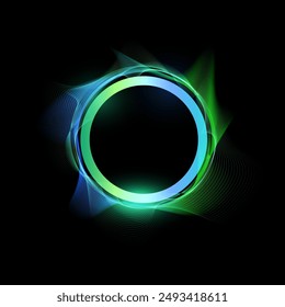 Neon gradient line circle frame with wavy motion blur stripe lines effect. Glowing round border vector UI element green blue colors. Energy tunnel. Luminous magic portal. Vibrant bright ring disc